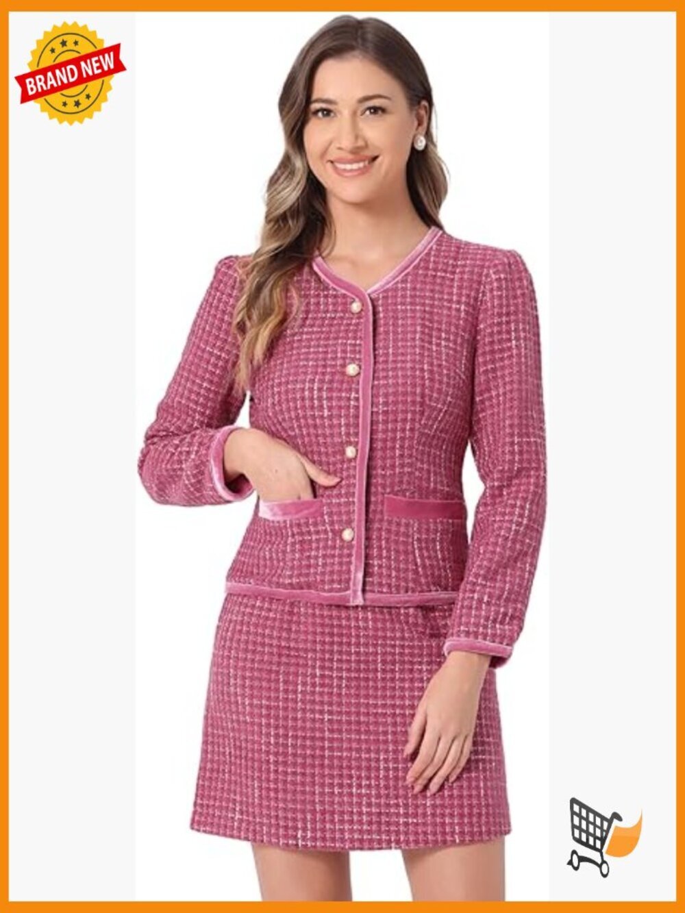 2pc Plaid Tweed Business Suit Set Blazer & Skirt